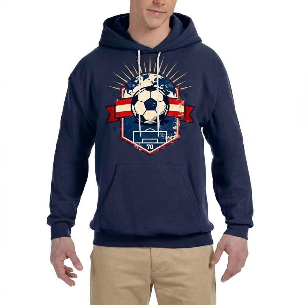 Perfect for game days and everyday wear, this navy blue soccer hoodie features a bold vintage crest print and a cozy, relaxed fit.