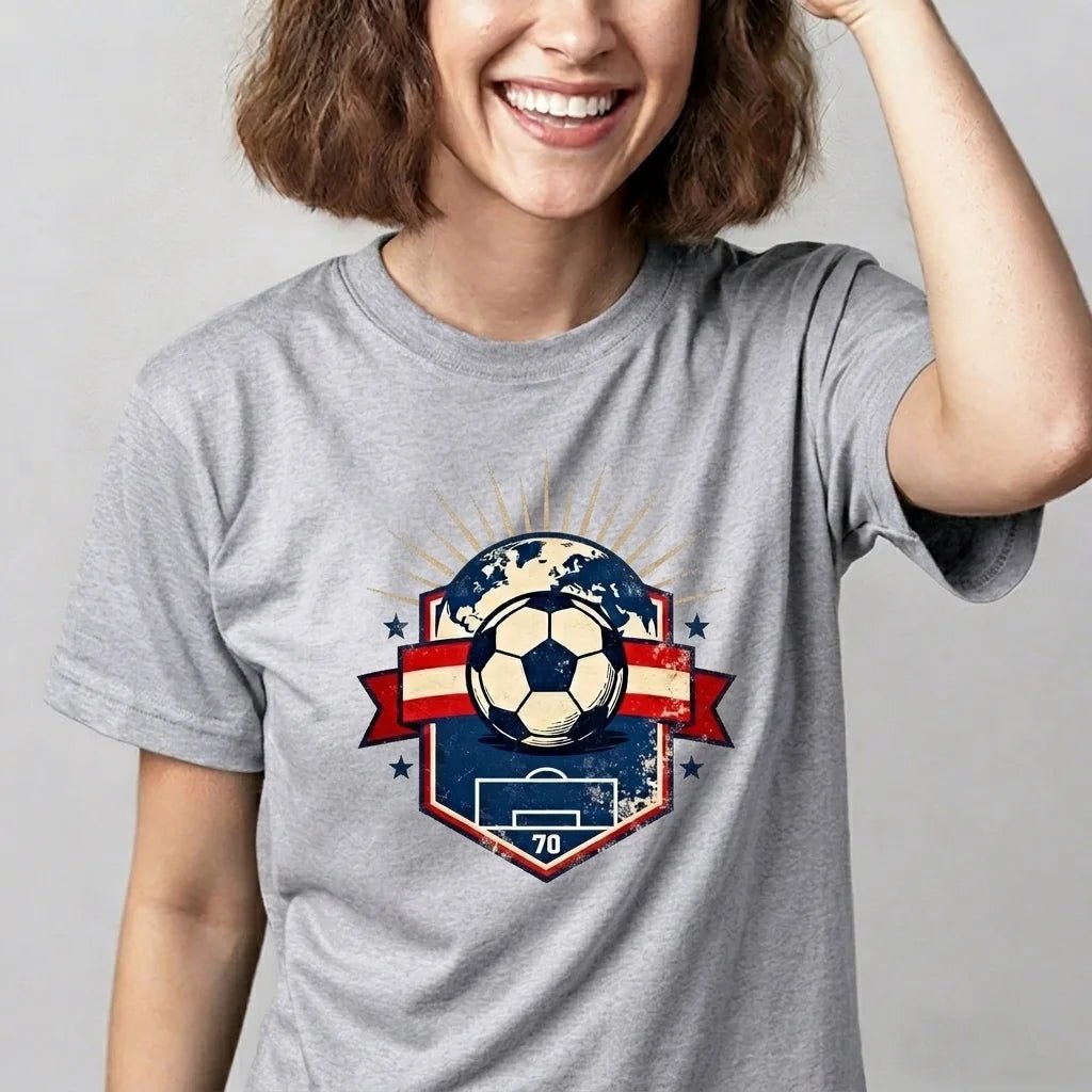 Soft and breathable, this heather gray soccer t-shirt features a timeless vintage print, ideal for showing your team pride in comfort and style.
