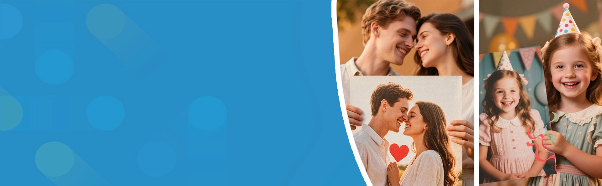 anner showcasing personalized canvas prints for different occasions, featuring a couple with a romantic canvas and a child celebrating with a birthday-themed canvas.