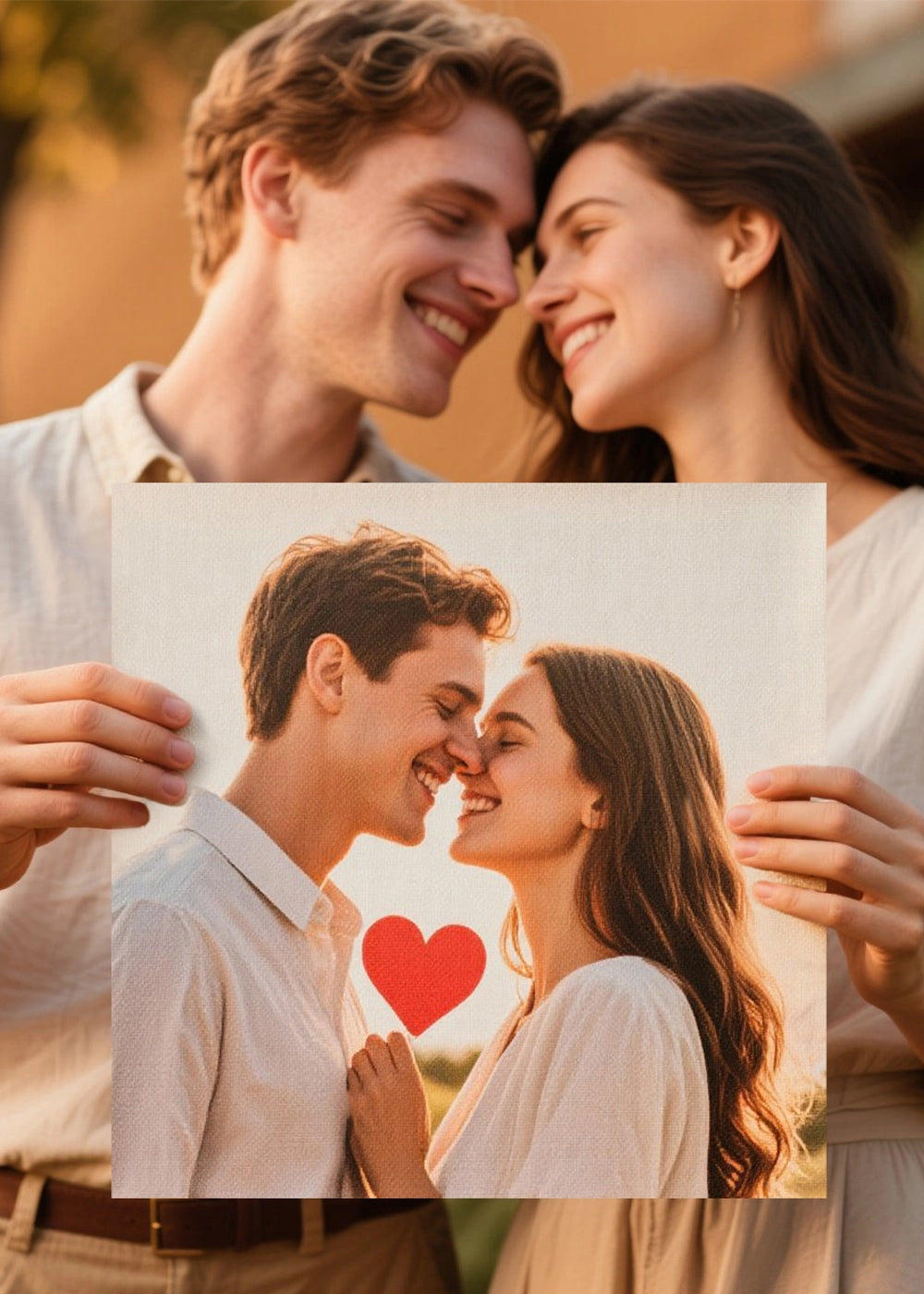 Happy couple holding a custom canvas print of themselves with a heart, advertising personalized canvas prints.