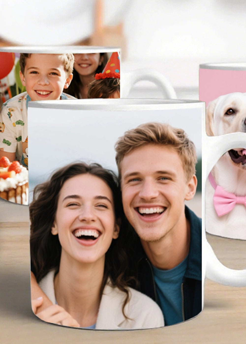 Customizable coffee mugs with examples of personalized designs, perfect for unique gifts.