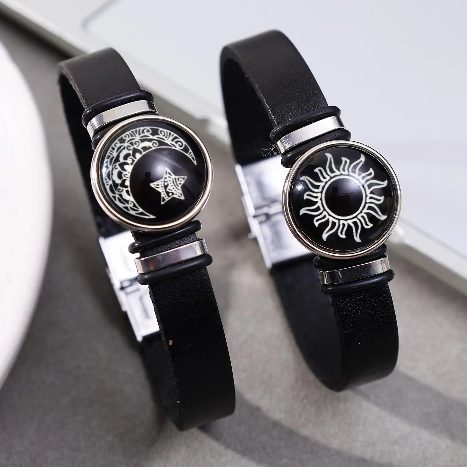 Gemstone Bracelet 2Pcs Glass Sun Moon Luminous Vintage Couple Handmade USA Made PrintToucan - PrintToucanStandard