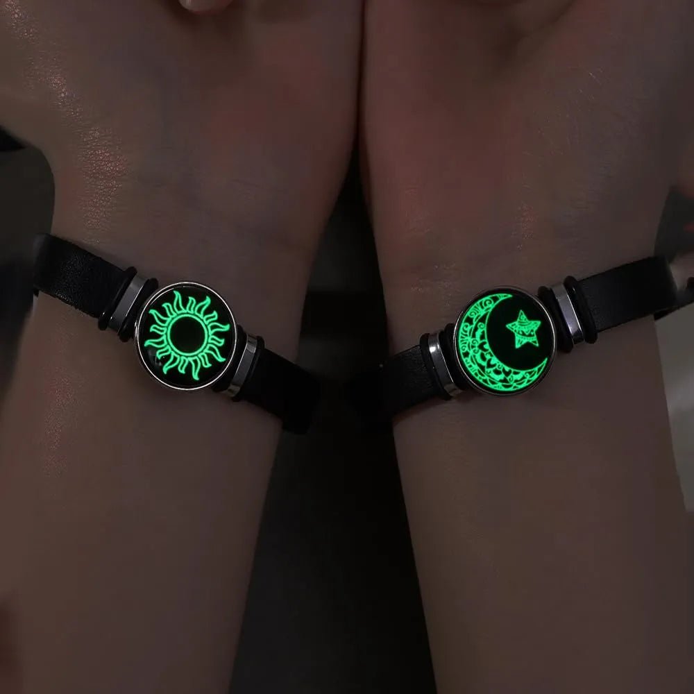 Gemstone Bracelet 2Pcs Glass Sun Moon Luminous Vintage Couple Handmade USA Made PrintToucan - PrintToucanStandard