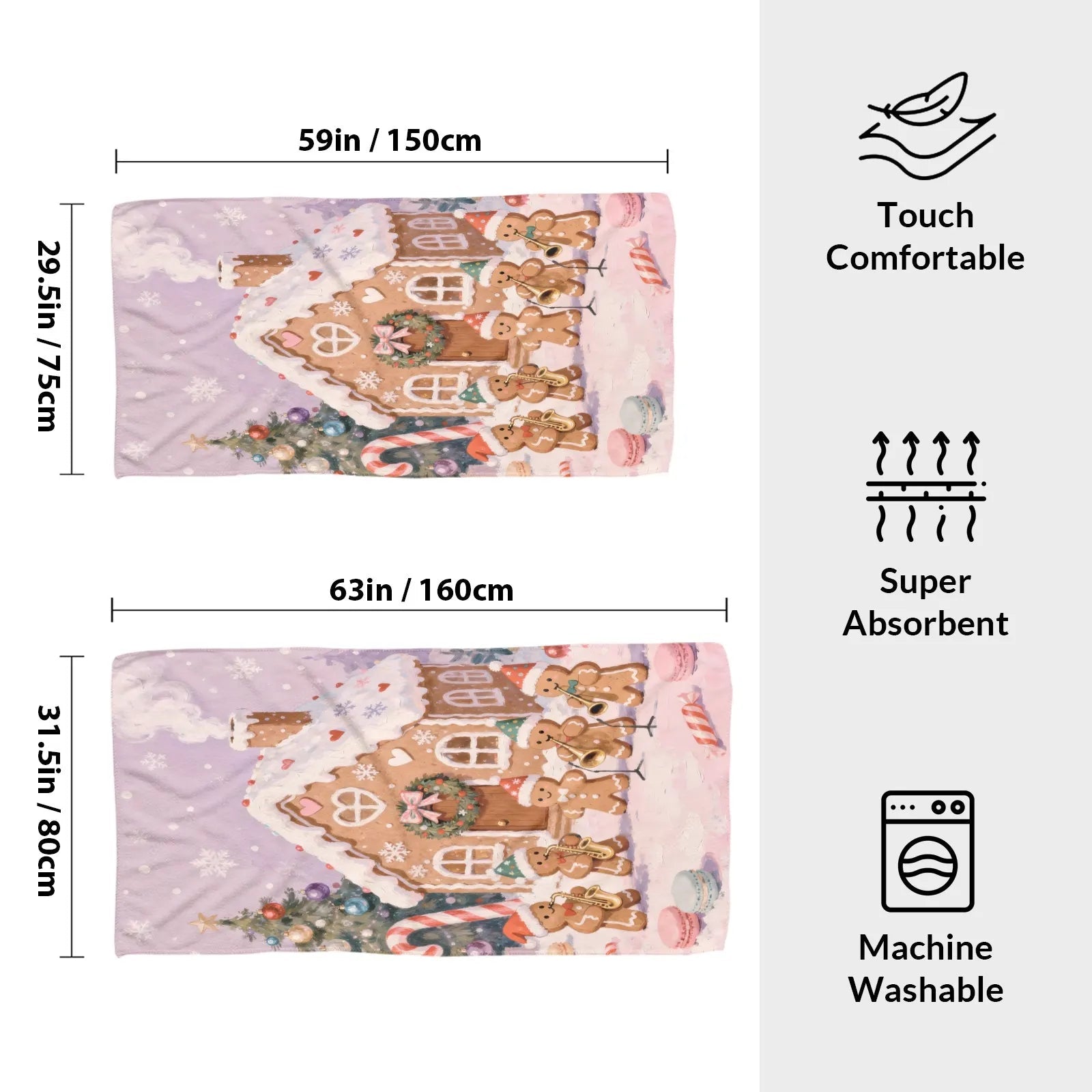 Large Bath Towel 310g Polyester Christmas Gingerbread House Band Festive Use Best Absorbent Bath Towels PrintToucan - PrintToucanChrismas Gift