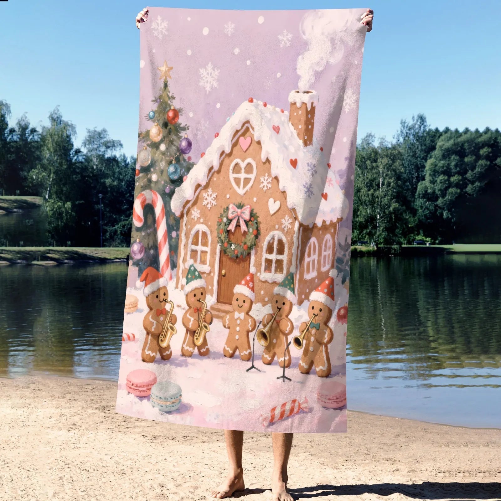 Large Bath Towel 310g Polyester Christmas Gingerbread House Band Festive Use Best Absorbent Bath Towels PrintToucan - PrintToucanChrismas Gift
