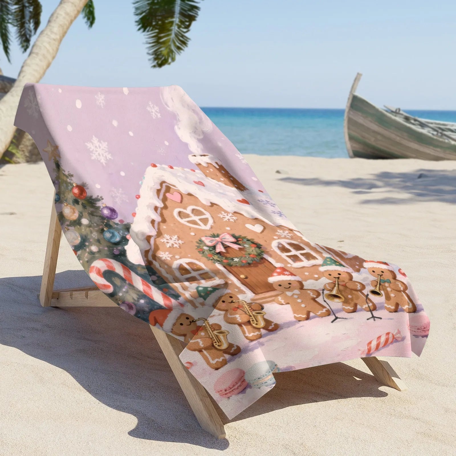 Large Bath Towel 310g Polyester Christmas Gingerbread House Band Festive Use Best Absorbent Bath Towels PrintToucan - PrintToucanChrismas Gift