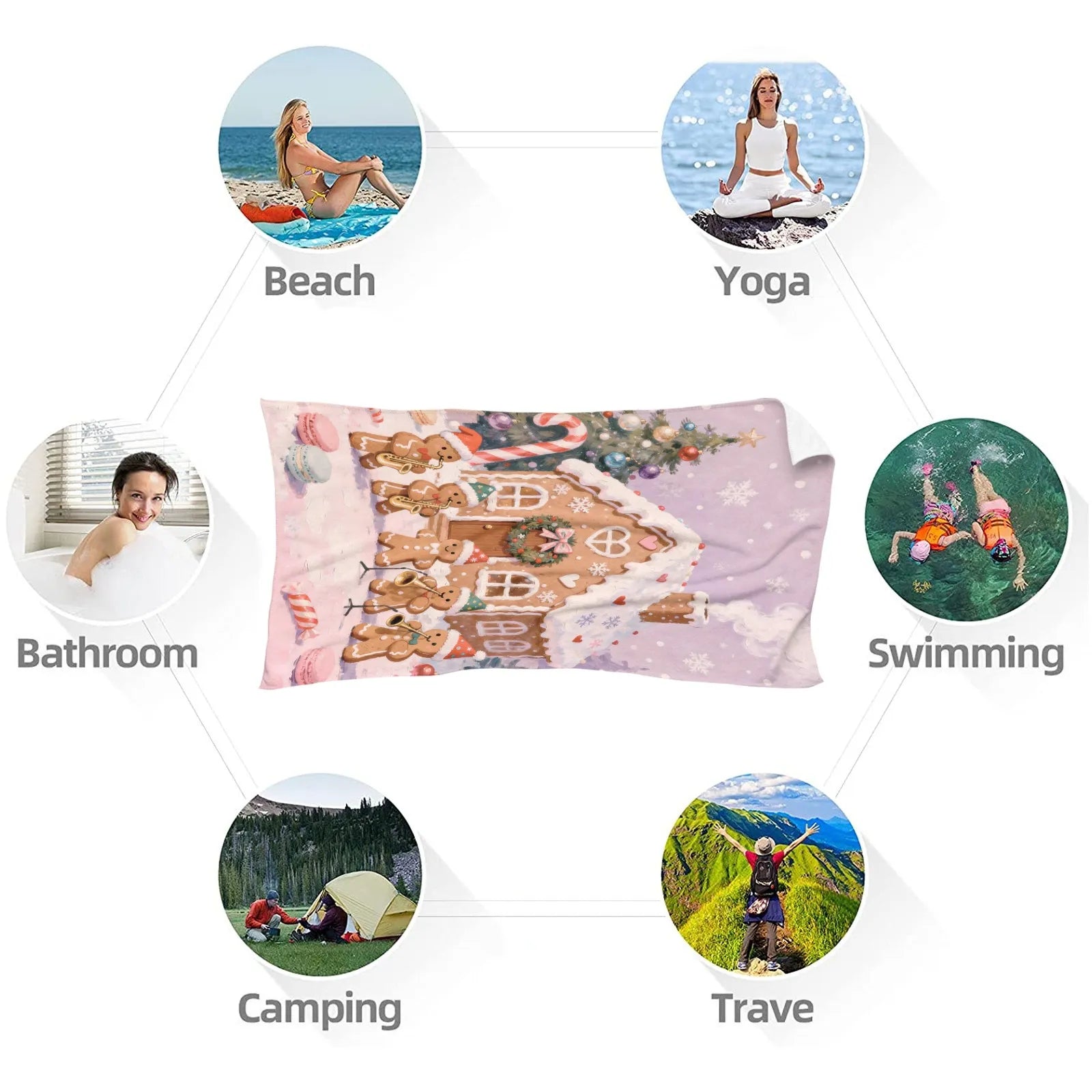 Large Bath Towel 310g Polyester Christmas Gingerbread House Band Festive Use Best Absorbent Bath Towels PrintToucan - PrintToucanChrismas Gift