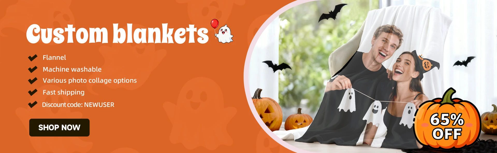 Orange Halloween themed banner featuring a smiling couple using a custom flannel blanket with ghost patterns, surrounded by pumpkins and bats, desktop version