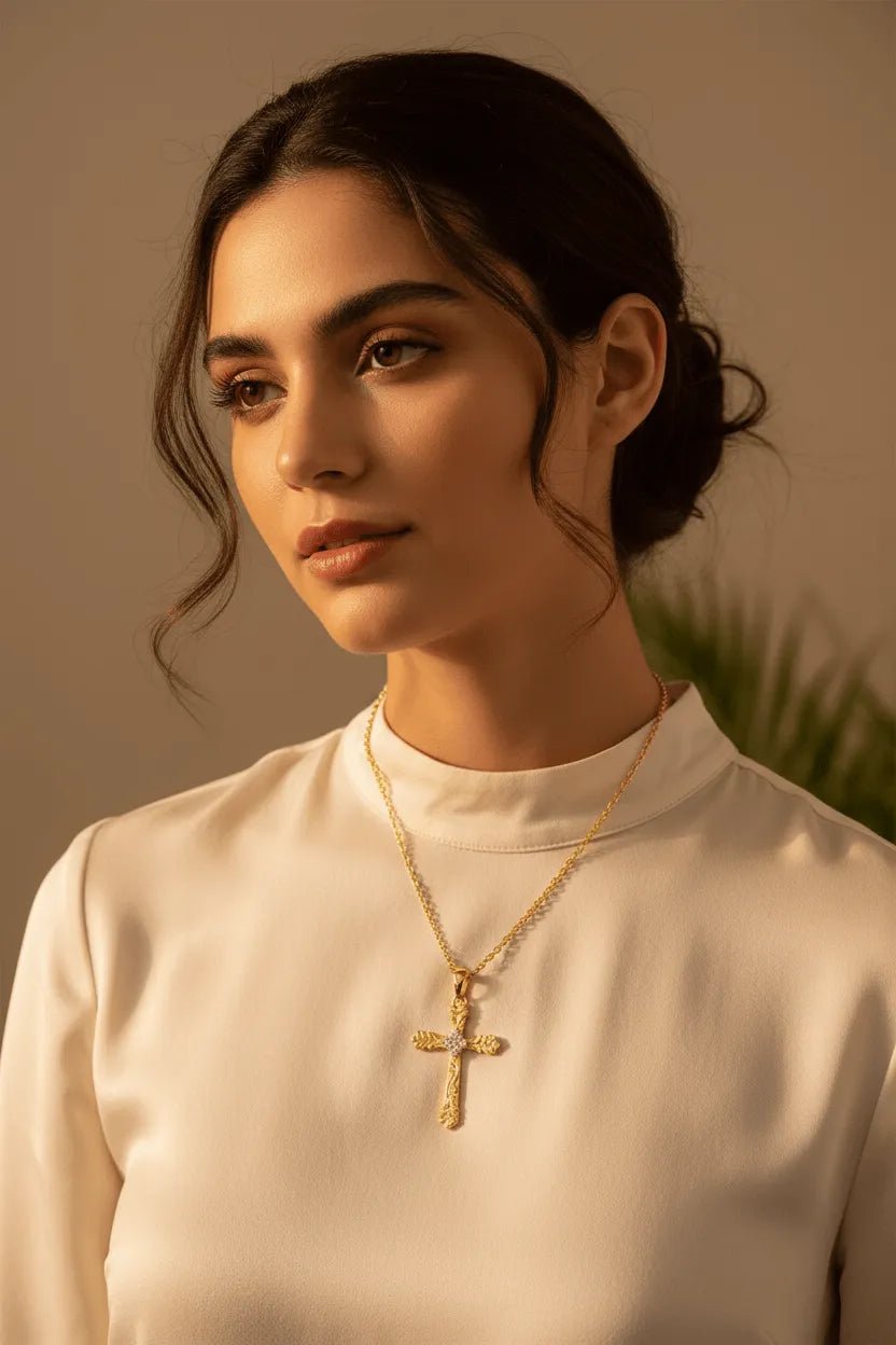 S925 Sterling Silver Vintage Filigree Cross Pendant with CZ Gold & Silver Faith Necklace PrintToucan - PrintToucanNecklacePT-CROSS-HEART-BLUE