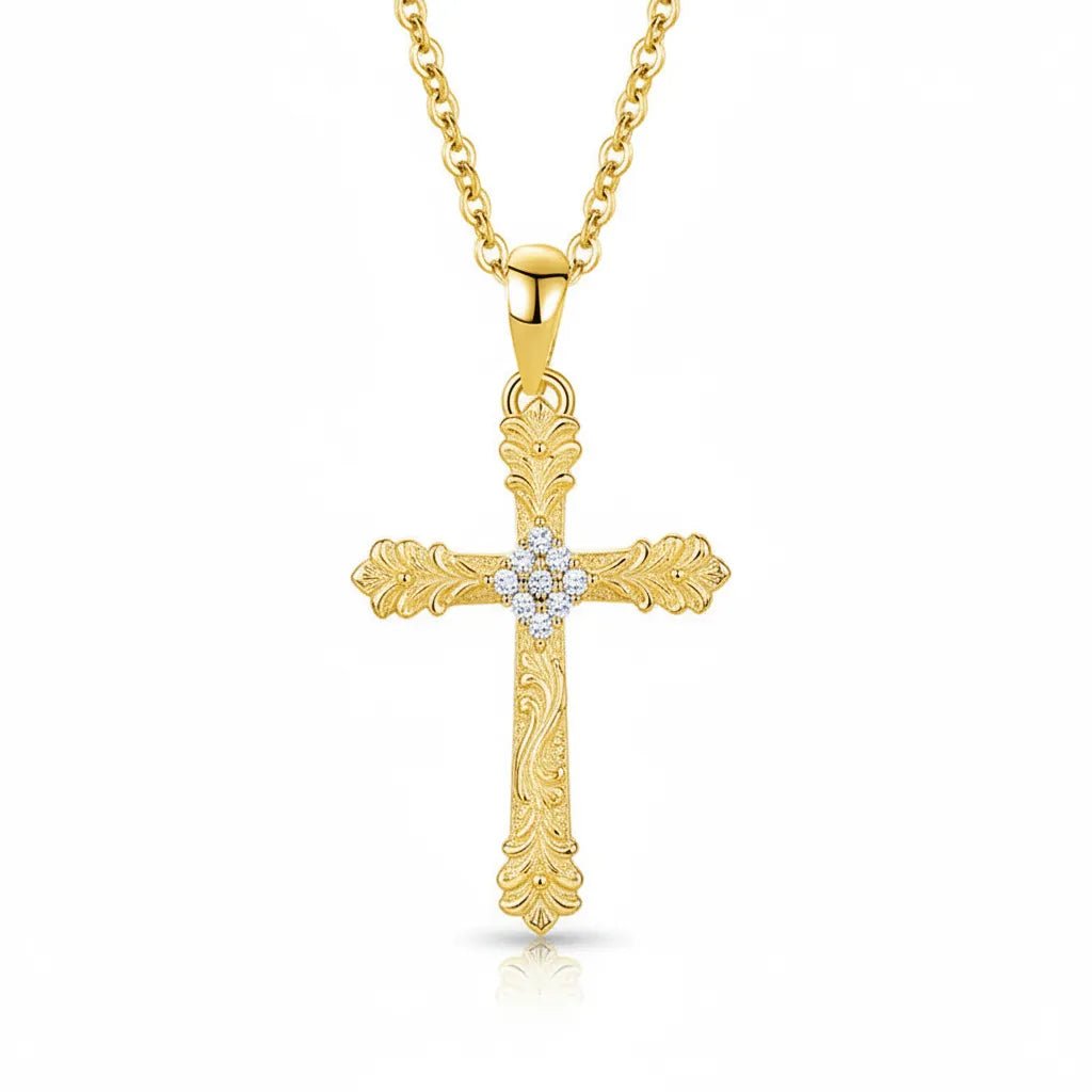 S925 Sterling Silver Vintage Filigree Cross Pendant with CZ Gold & Silver Faith Necklace PrintToucan - PrintToucanNecklacePT-CROSS-HEART-BLUE