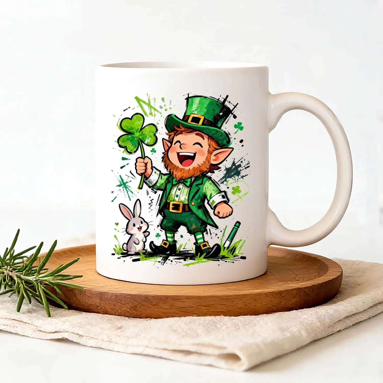 St. Patrick's Day Mug Cartoon Leprechaun Bunny Graffiti Four Leaf Clover Ceramic Coffee Tea Cup Funny Holiday Gift PrintToucan - PrintToucanSt. Patrick’s DayPT-MUG-11OZ-LOVERS