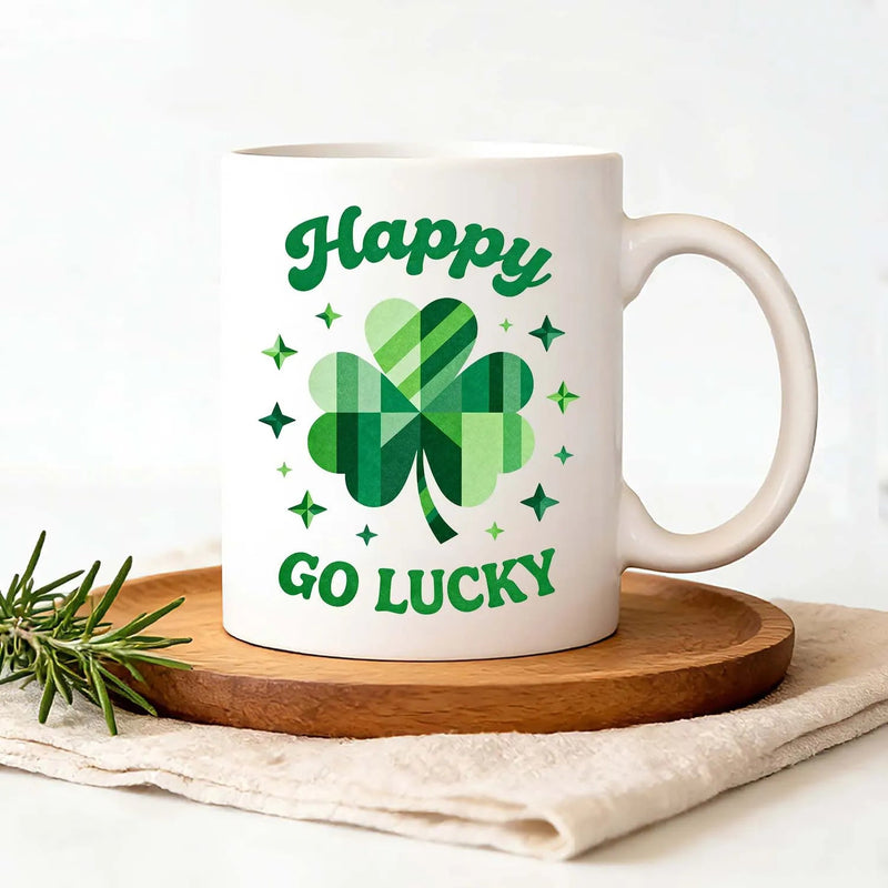 St. Patrick's Day Mug Happy Go Lucky Plaid Shamrock Clover Green Sparkle Ceramic Coffee Tea Cup Holiday Gift For Home Kitchen Decor PrintToucan