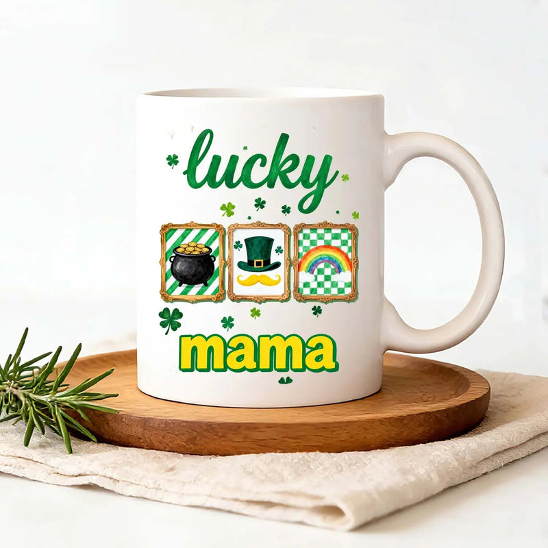 St. Patrick's Day Mug Lucky Mama Pot Of Gold Leprechaun Hat Rainbow Shamrock Ceramic Coffee Tea Cup Holiday Gift PrintToucan