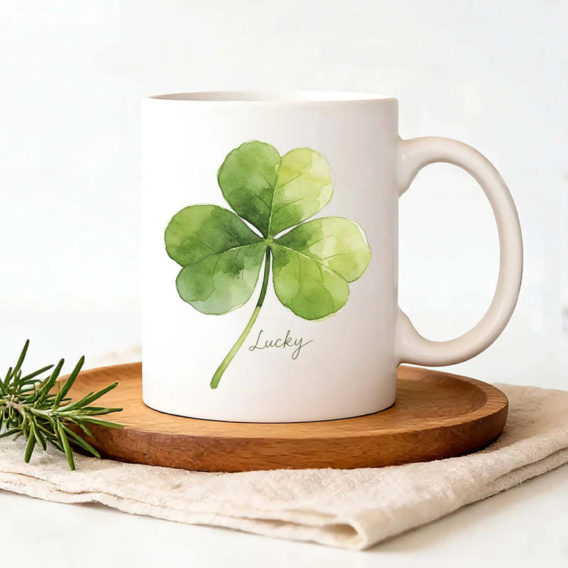 St. Patrick's Day Mug Watercolor Four Leaf Clover Lucky Shamrock Ceramic Coffee Tea Cup Irish Holiday Gift PrintToucan
