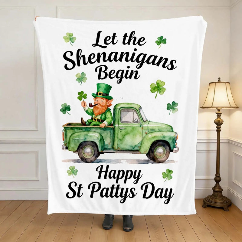Throw Blanket St Patricks Day Let The Shenanigans Begin Leprechaun Truck Shamrock Flannel Blanket Home Decor PrintToucan