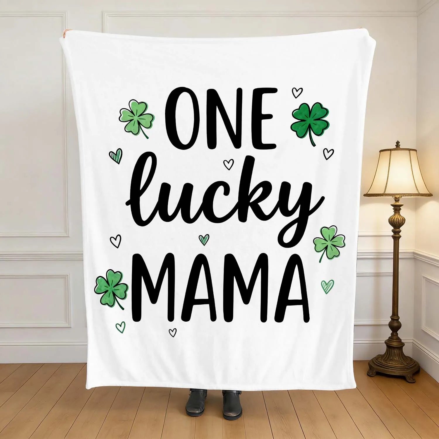 Throw Blanket St Patricks Day One Lucky Mama Shamrock Four Leaf Clover Soft Flannel Blanket for Couch Bed Sofa Holiday Gift PrintToucan - PrintToucanSt. Patrick’s Day
