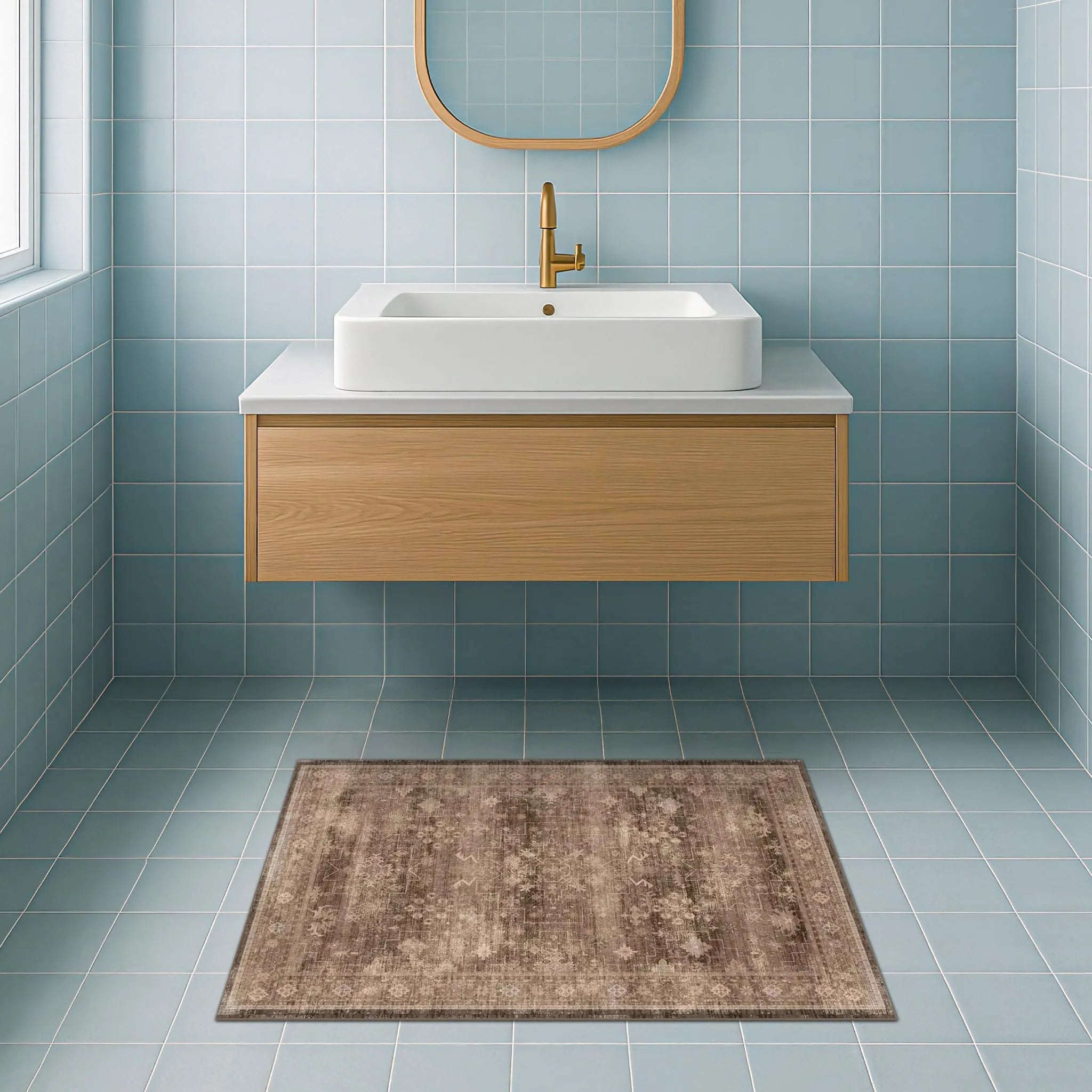 Warm Taupe Distressed Traditional Area Rug Neutral Vintage Oriental Floor Covering PrintToucan - PrintToucanRugPrinttoucan-16" x 24"