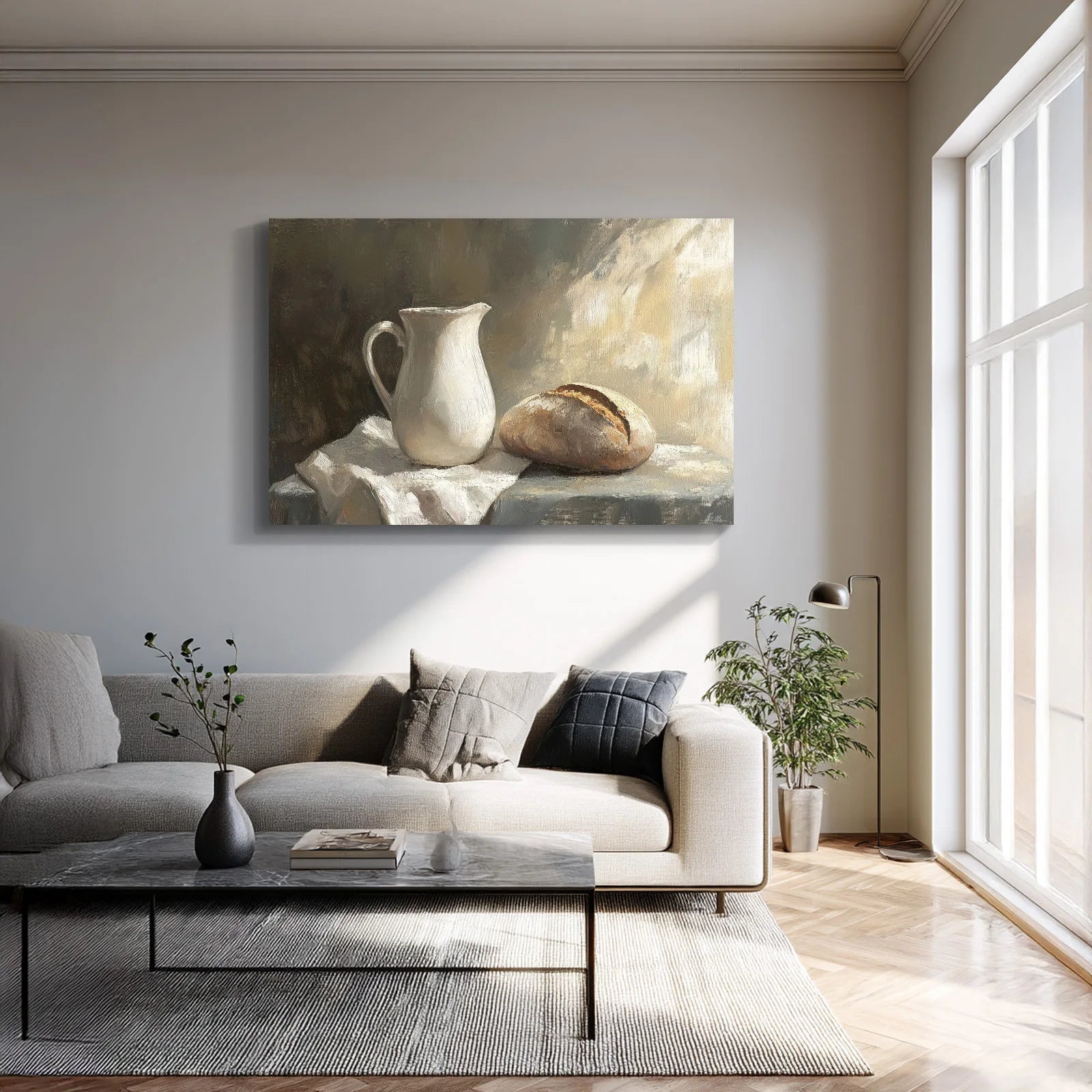 White Pitcher & Rustic Bread Canvas Wall Art – Minimalist Kitchen Décor | PrintToucan - PrintToucanCanvas Wall Art