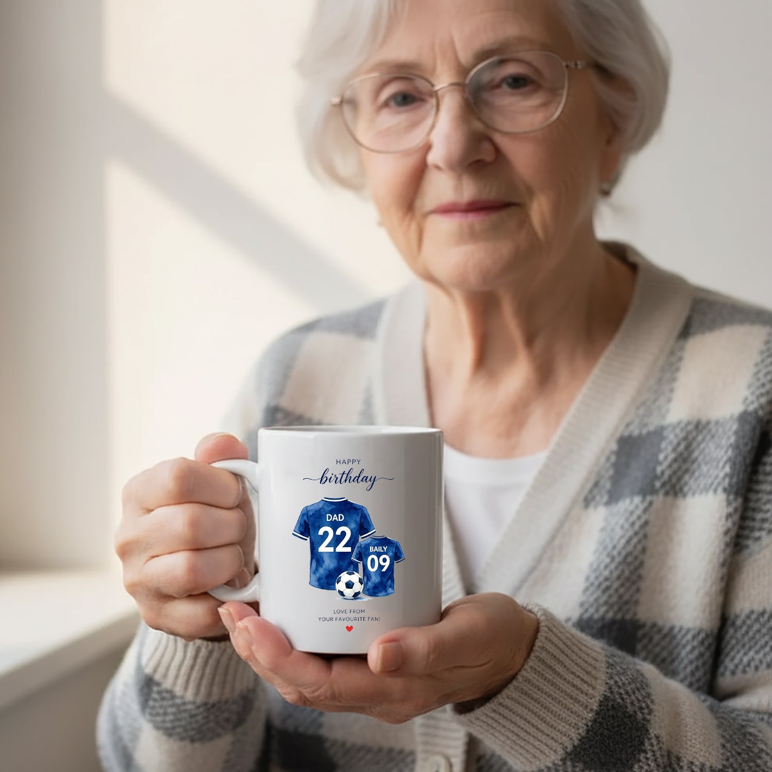A heartfelt birthday gift for soccer-loving dads! This custom mug features personalized jerseys with names and numbers, perfect for showing your love.