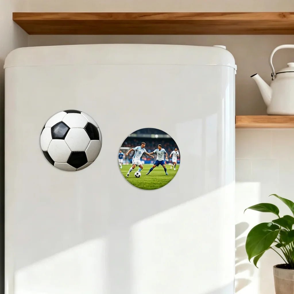 PrintToucan custom soccer fridge magnets on refrigerator, personalized football player and ball magnetic decor for home